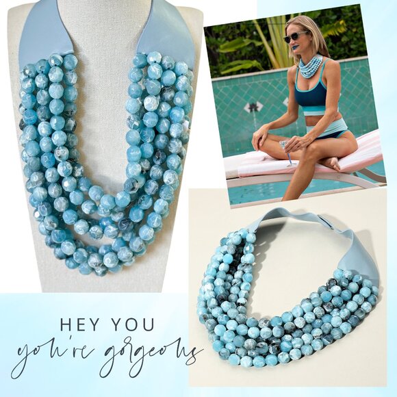 NEW Stunning Faceted Beaded 7-Strand Bib Statement Necklace in Sea Surf Blue - Picture 1 of 10